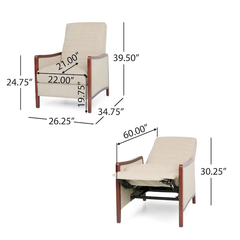 Fauteuil inclinable en tissu avec surpiqûres, style moderne du milieu du siècle, en bois, avec mécanisme de poussée