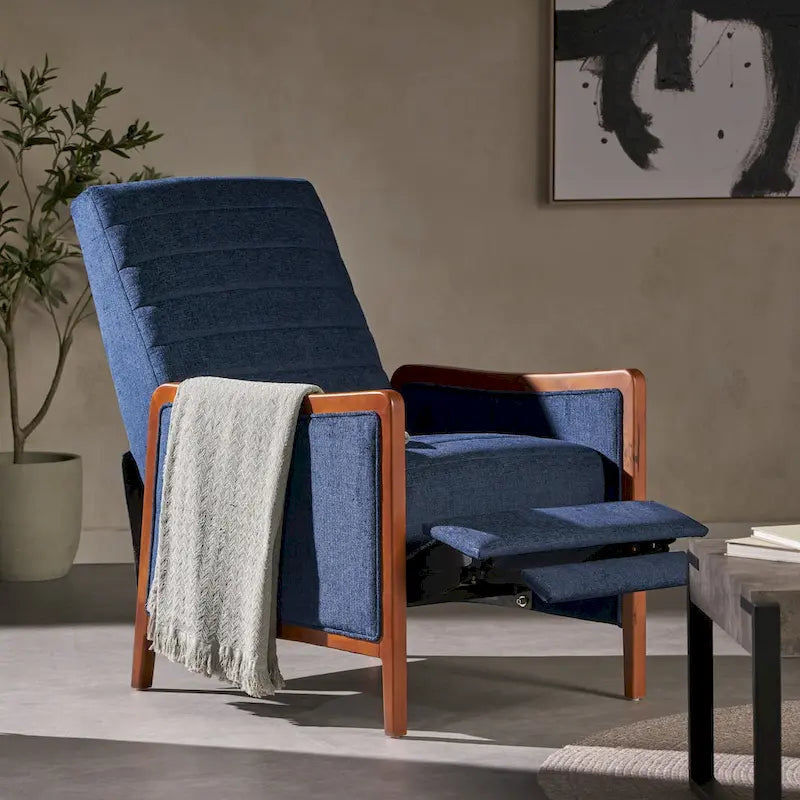 Fauteuil inclinable en tissu avec surpiqûres, style moderne du milieu du siècle, en bois, avec mécanisme de poussée