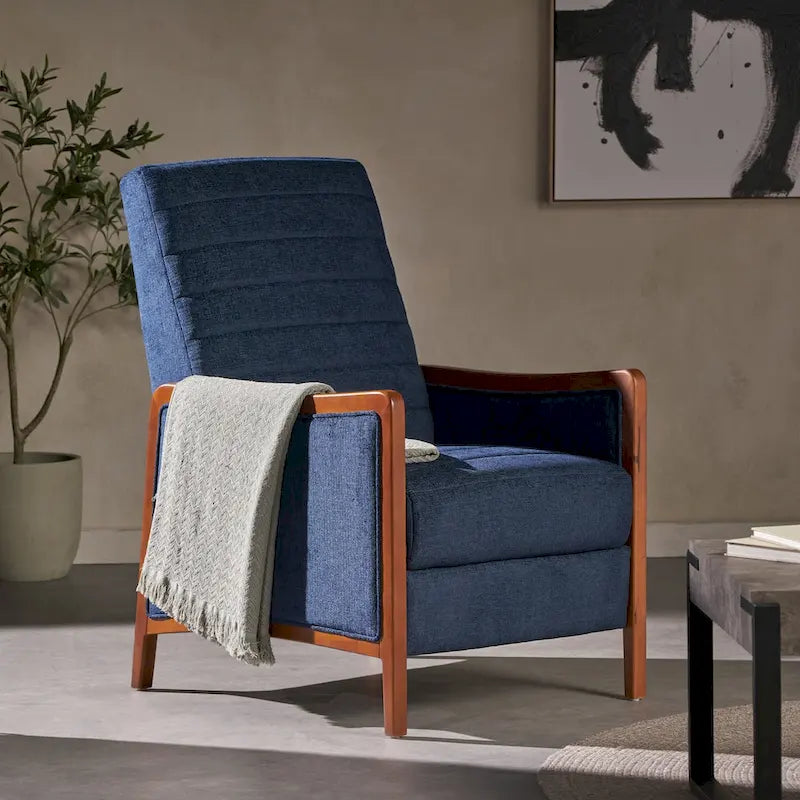 Fauteuil inclinable en tissu avec surpiqûres, style moderne du milieu du siècle, en bois, avec mécanisme de poussée