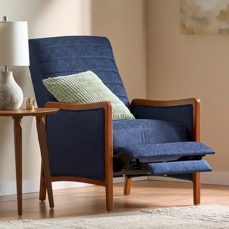 Fauteuil inclinable en tissu avec surpiqûres, style moderne du milieu du siècle, en bois, avec mécanisme de poussée