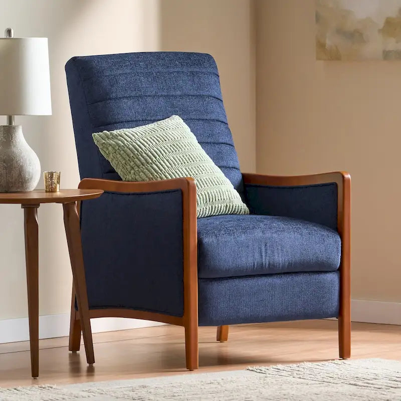 Fauteuil inclinable en tissu avec surpiqûres, style moderne du milieu du siècle, en bois, avec mécanisme de poussée
