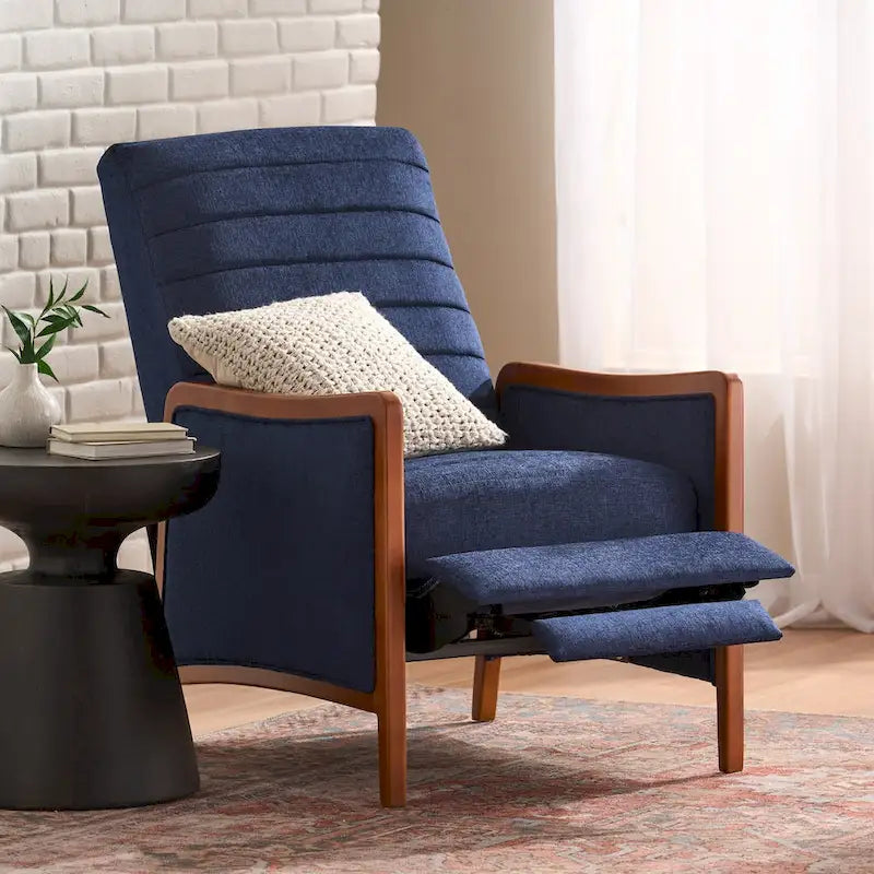 Fauteuil inclinable en tissu avec surpiqûres, style moderne du milieu du siècle, en bois, avec mécanisme de poussée