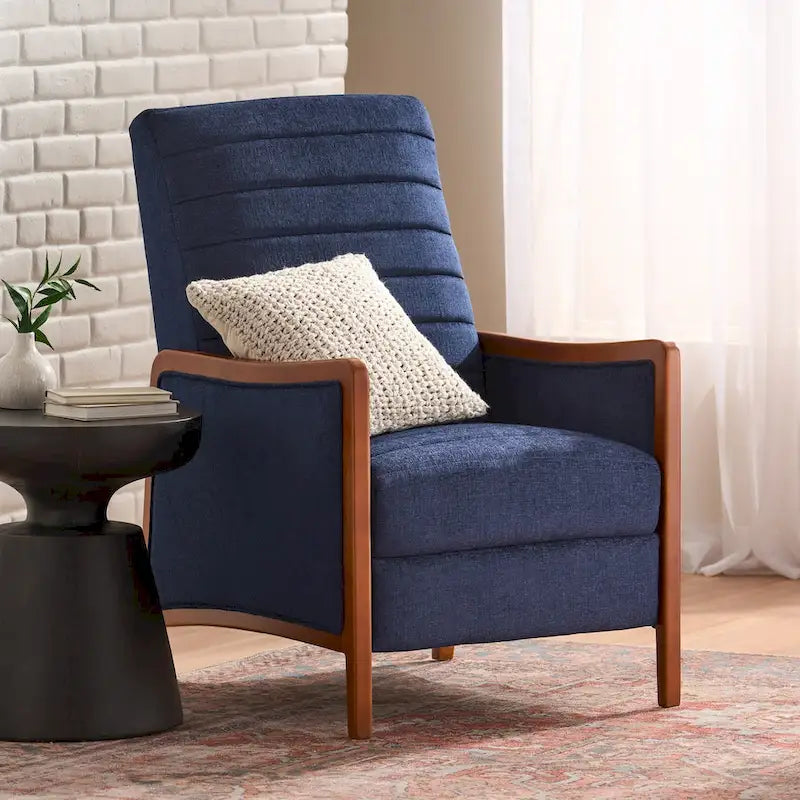 Fauteuil inclinable en tissu avec surpiqûres, style moderne du milieu du siècle, en bois, avec mécanisme de poussée