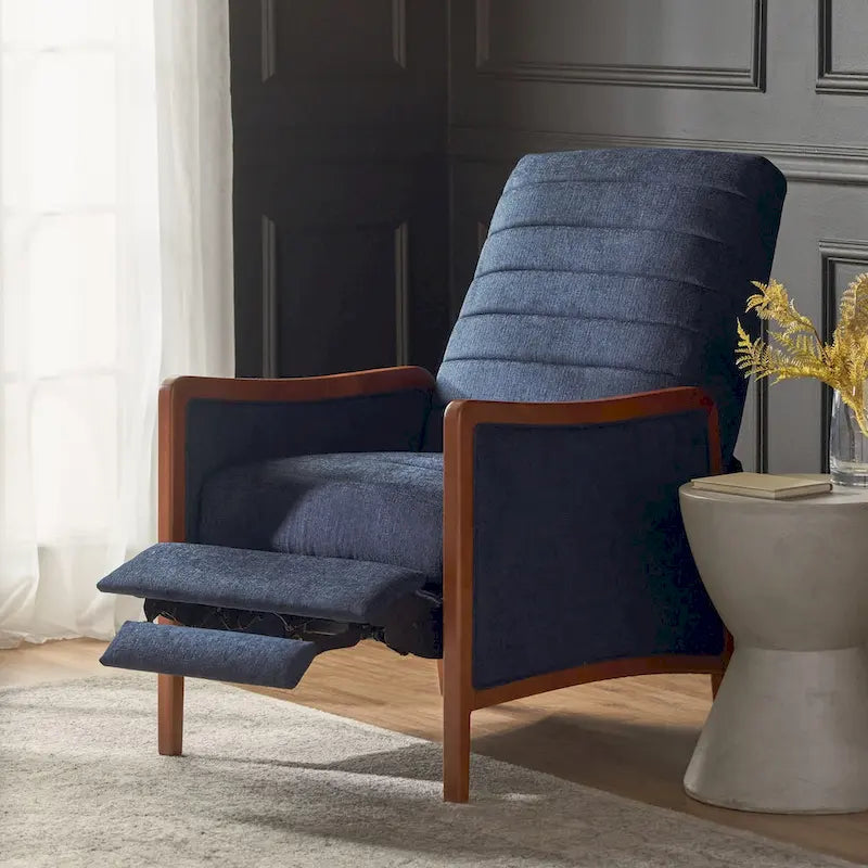 Fauteuil inclinable en tissu avec surpiqûres, style moderne du milieu du siècle, en bois, avec mécanisme de poussée
