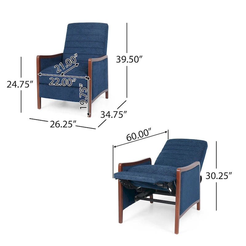 Fauteuil inclinable en tissu avec surpiqûres, style moderne du milieu du siècle, en bois, avec mécanisme de poussée