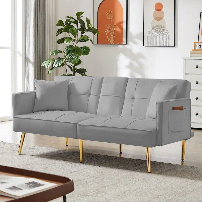 Canapé-lit futon en velours avec pieds en métal doré pour salon, entrée, couloir, bureau