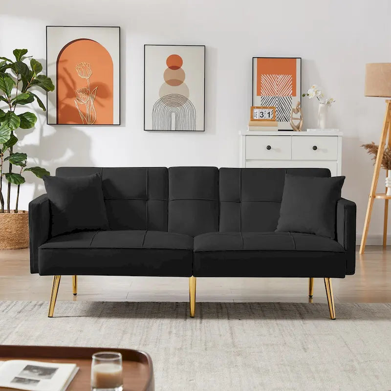 Canapé-lit futon en velours avec pieds en métal doré pour salon, entrée, couloir, bureau