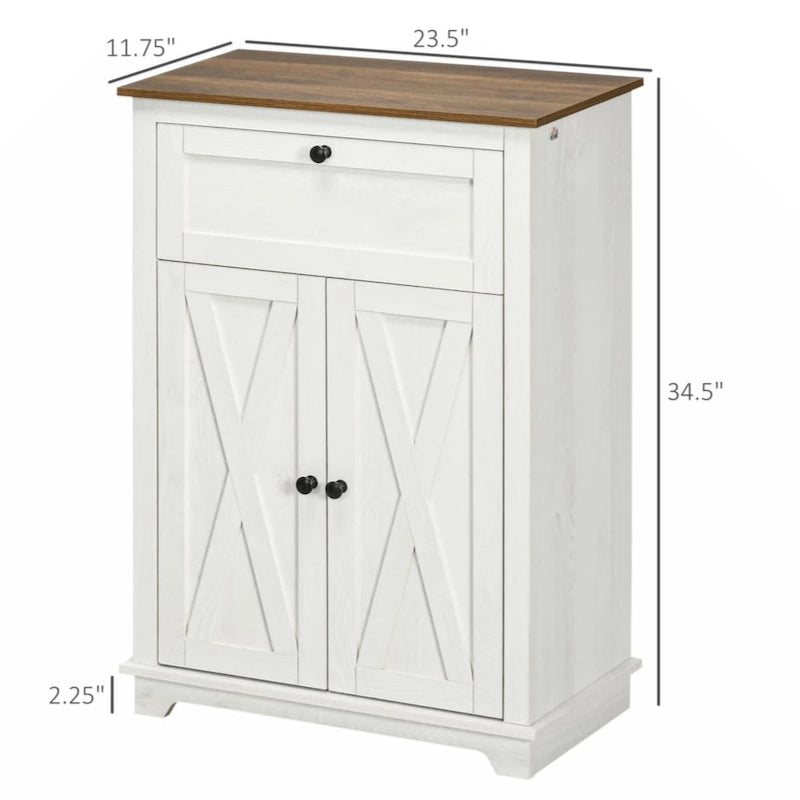 Meuble d'appoint de style ferme avec portes de grange, buffet de cuisine avec double portes, tiroir, blanc