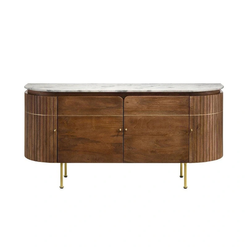 Desserte de salle à manger à 4 portes avec plateau en marbre, blanc et naturel