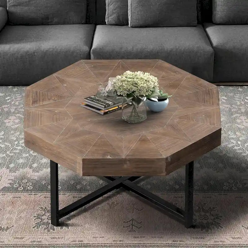 Table basse octogonale vintage en bois avec patchwork, 76 cm