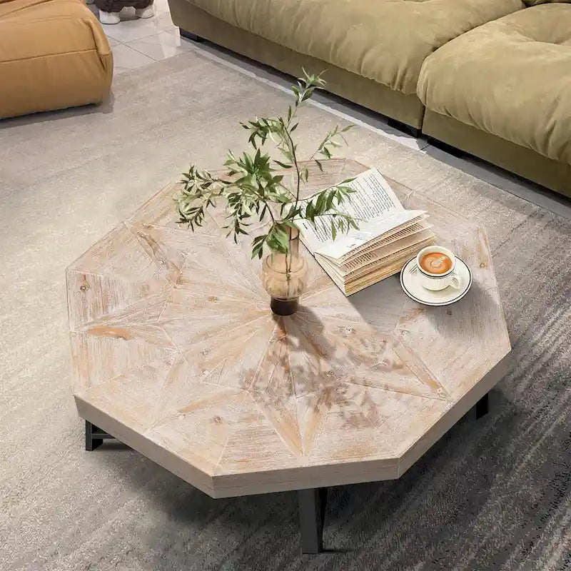 Table basse octogonale vintage en bois avec patchwork, 76 cm