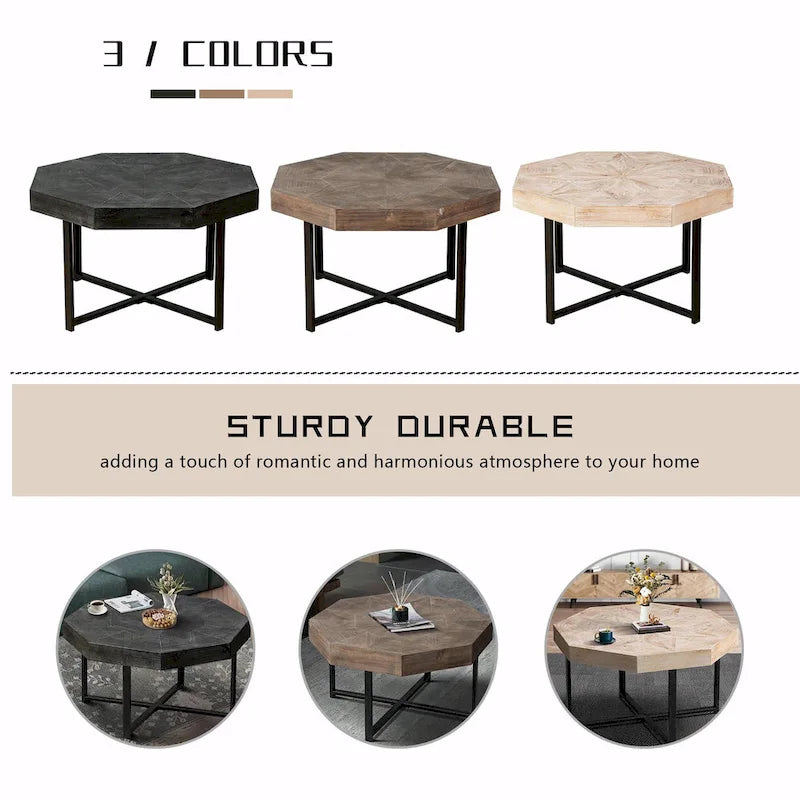 Table basse octogonale vintage en bois avec patchwork, 76 cm