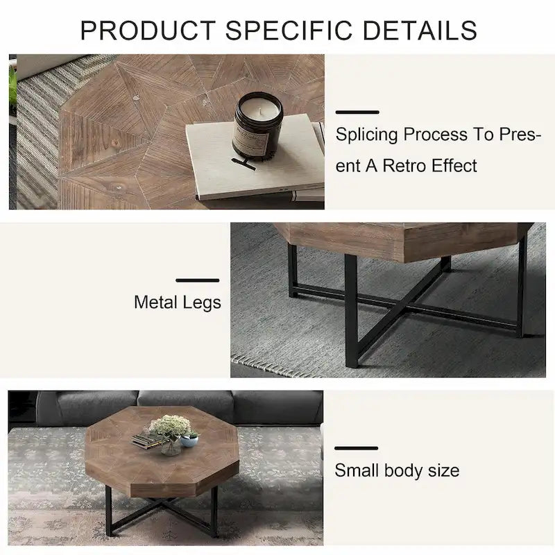 Table basse octogonale vintage en bois avec patchwork, 76 cm