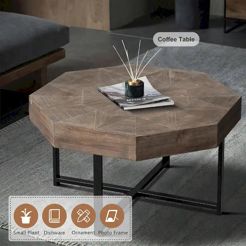 Table basse octogonale vintage en bois avec patchwork, 76 cm