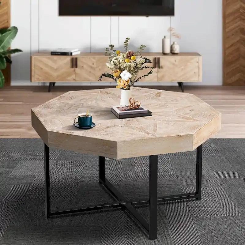 Table basse octogonale vintage en bois avec patchwork, 76 cm