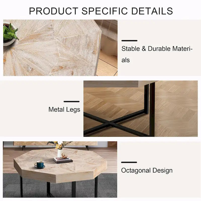 Table basse octogonale vintage en bois avec patchwork, 76 cm