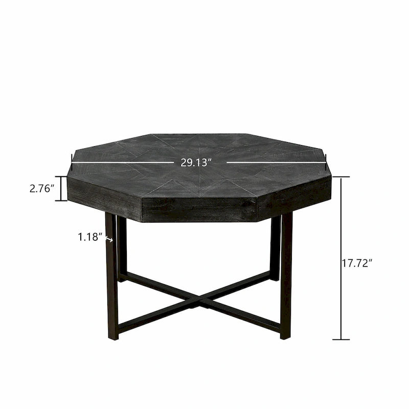 Table basse octogonale vintage en bois avec patchwork, 76 cm