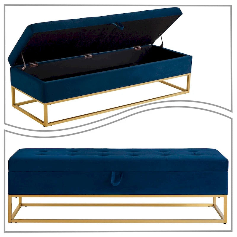 Banc de rangement moderne en velours avec siège à rabat