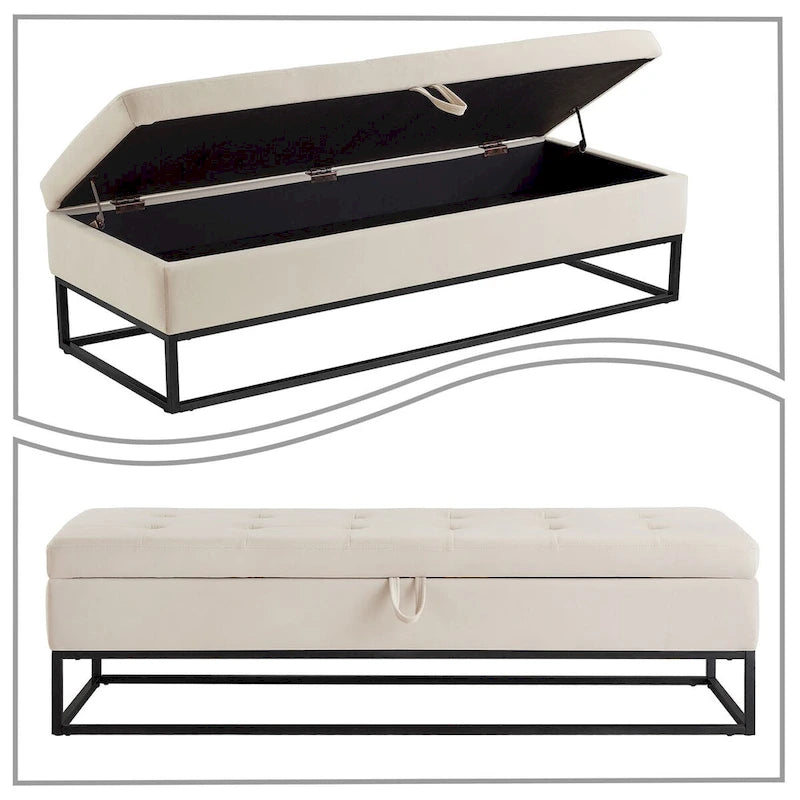 Banc de rangement moderne en velours avec siège à rabat