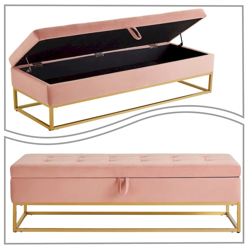 Banc de rangement moderne en velours avec siège à rabat