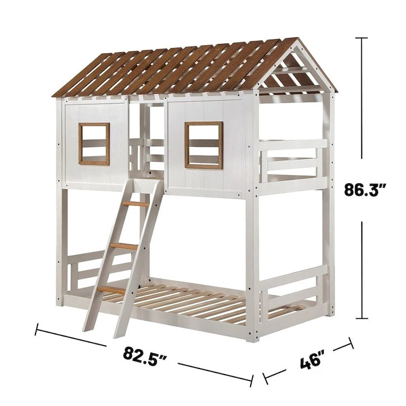 Lit superposé double en bois blanc et chêne rustique
