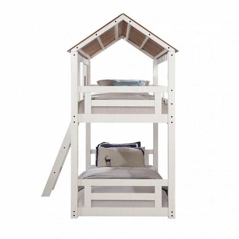 Lit superposé double en bois blanc et chêne rustique